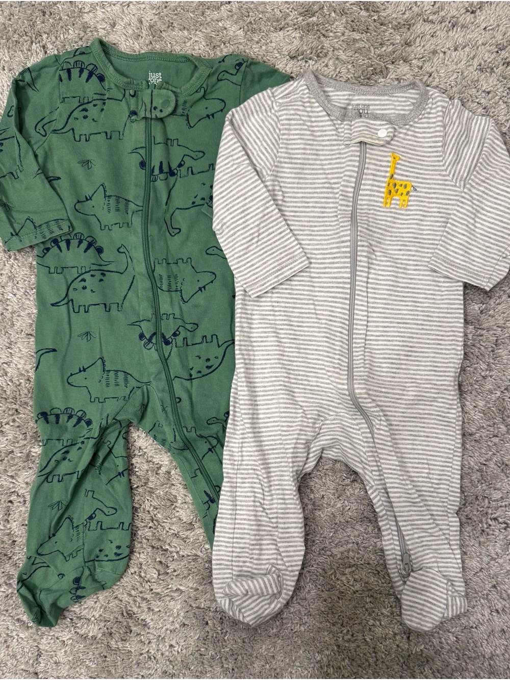 Carter’s Just One You Footie Zipper Pajamas Green Dinosaur Gray Stripe Giraffe